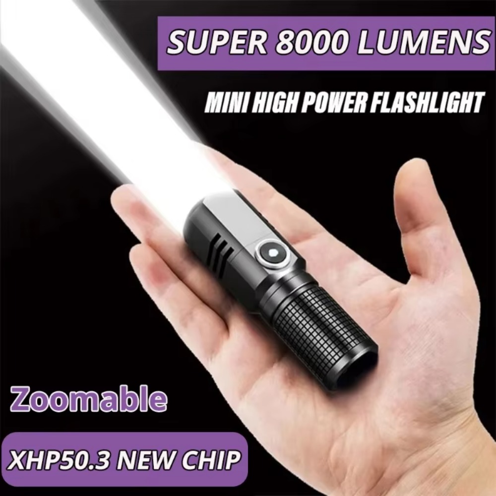 Mini linterna LED XHP50 superbrillante, linterna táctica de aleación de aluminio con Zoom recargable por USB para acampar al aire libre y pescar