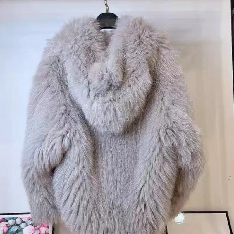 Jaqueta com capuz tecida em pele de raposa real para mulheres, feita de pele de raposa de alta qualidade, jaqueta grossa, roupas quentes com forro interno