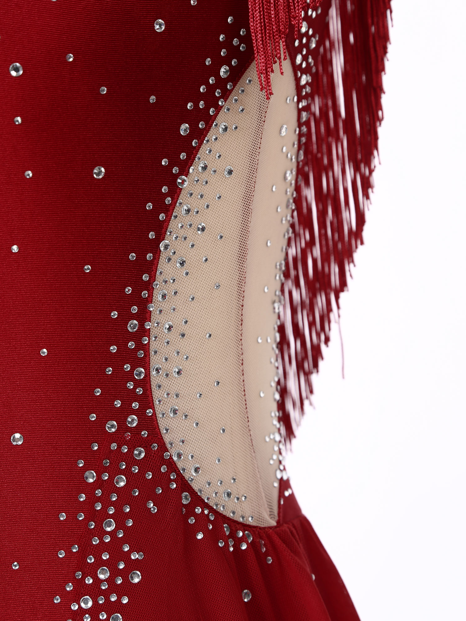 Mulheres patinação artística collant lírico dança latina ballet ginástica bodysuit sem mangas strass malha borla contornado macacão