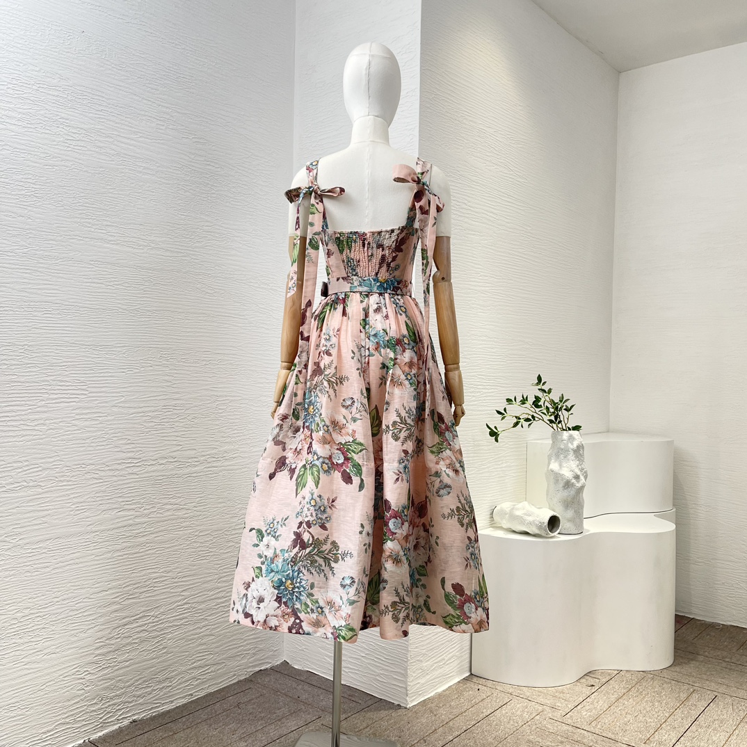 Gaun Midi Spaghetti Wanita Bertali Shirred Lipatan Tanpa Tali Tanpa Lengan Kualitas Tinggi Sutra Linen Cetak Bunga Merah Muda untuk Liburan