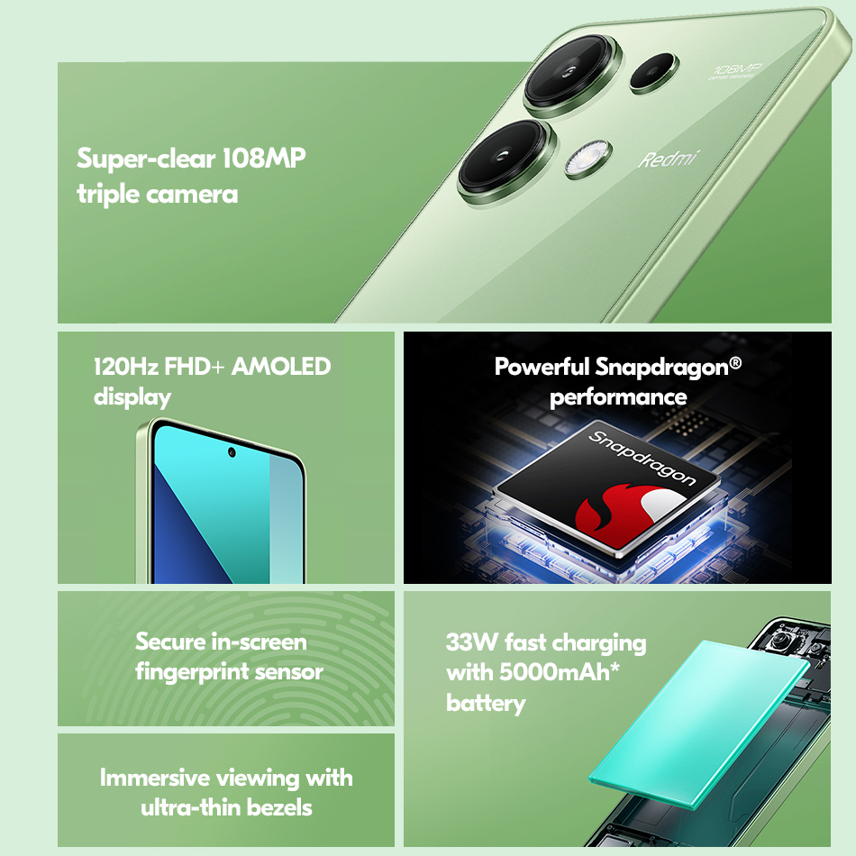 글로벌 버전 샤오미 Redmi Note 13 4G 스마트폰 108MP 트리플카메라 120Hz AMOLED 33W 고속충전 스냅드래곤 685 옥타코어