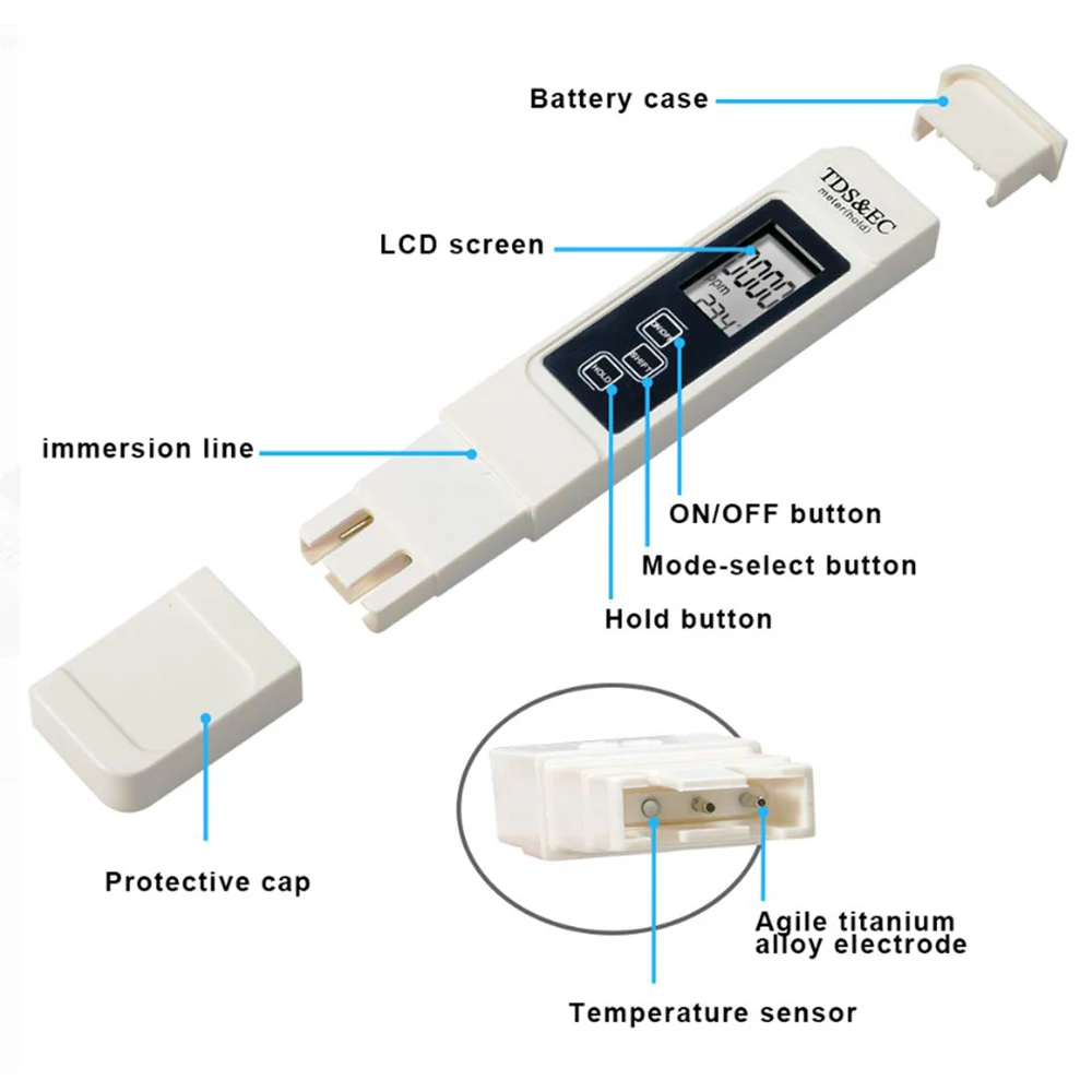 1PC 흰색 디지털 수질 테스터 TDS EC 미터 범위 0 ~ 9990 다기능 수질 순도 온도 TEMP PPM 테스터