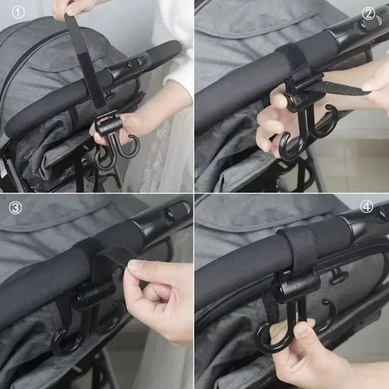 Gancho duplo com suporte de carga, resistente e durável, rotação de 360 graus, fixadores de gancho e laço ajustáveis, acessórios para carrinho de bebê