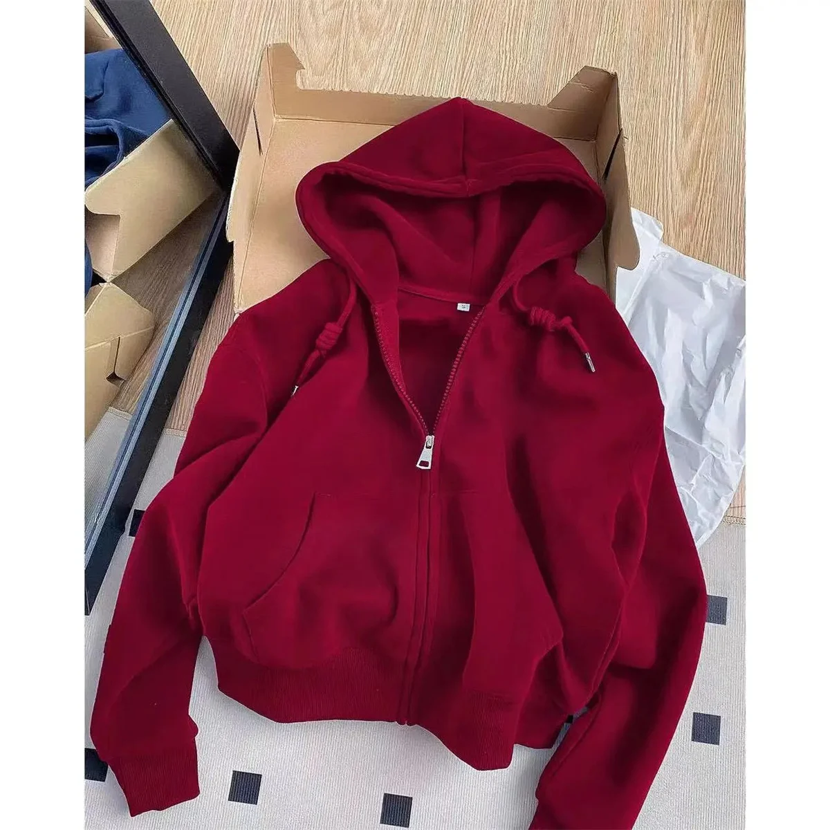 Início do outono chique casual jaquetas com capuz fino ajuste manga longa recortada superior zip-up quente cardigan estilo coreano moletom com capuz