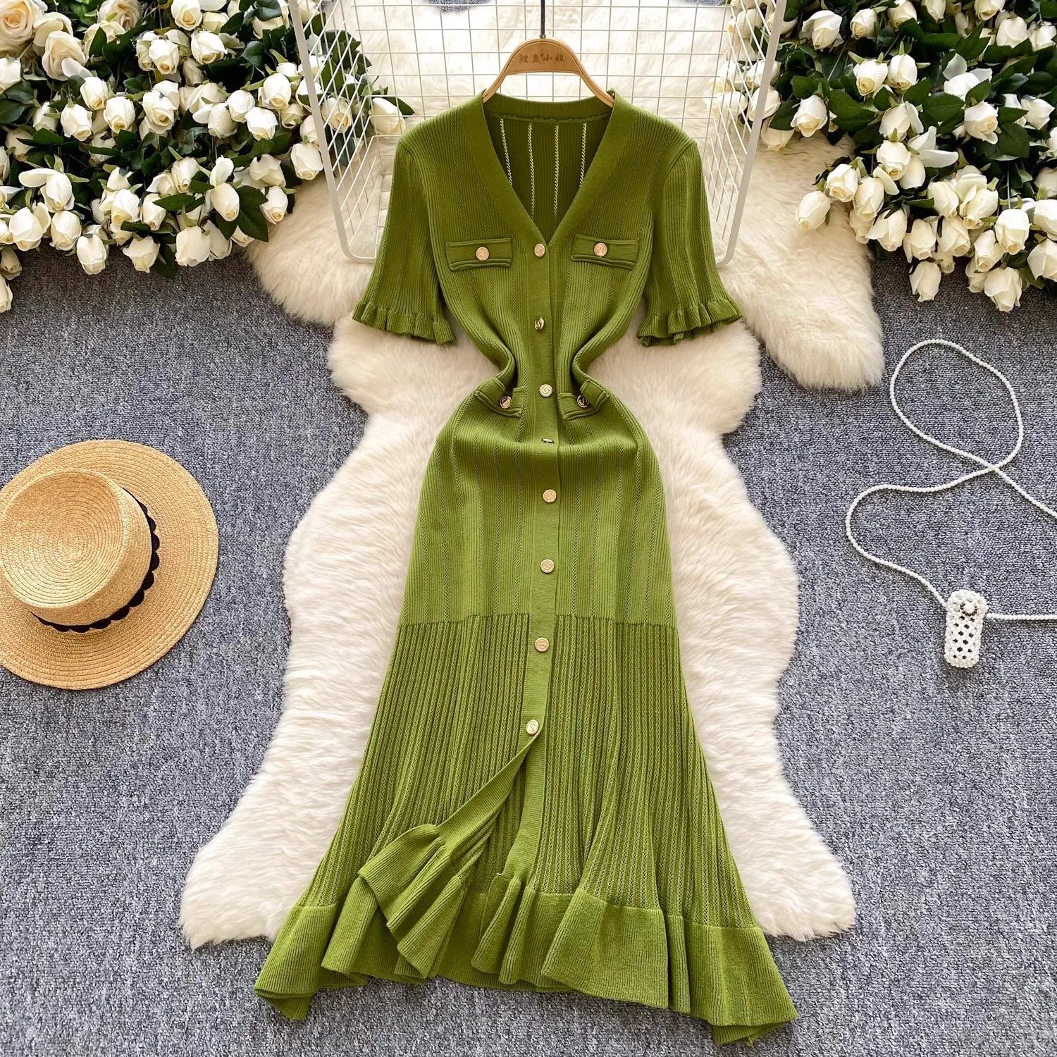 YuooMuoo marca de moda Vintage Vestido largo de punto Primavera Verano mujeres elegante cuello pico con volantes ceñido al cuerpo suéter Vestido de fiesta