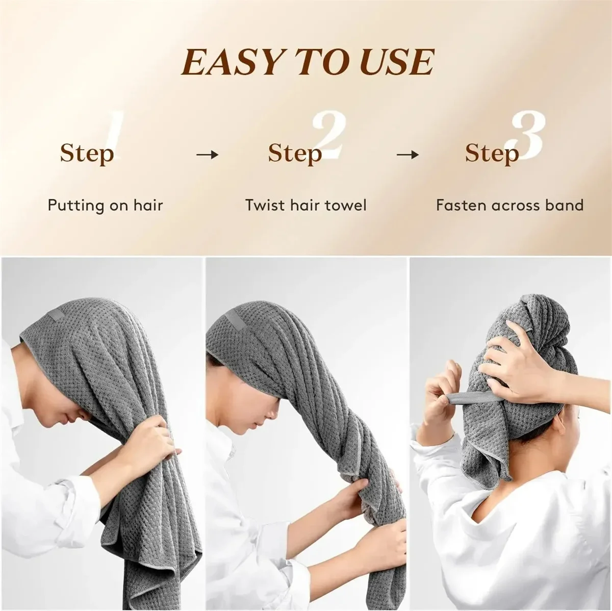 Toalha de cabeça com faixa elástica super absorvente, 60x100cm, para secagem de cabelo feminino, toalha de cabelo extra grande de microfibra com faixa de cabeça