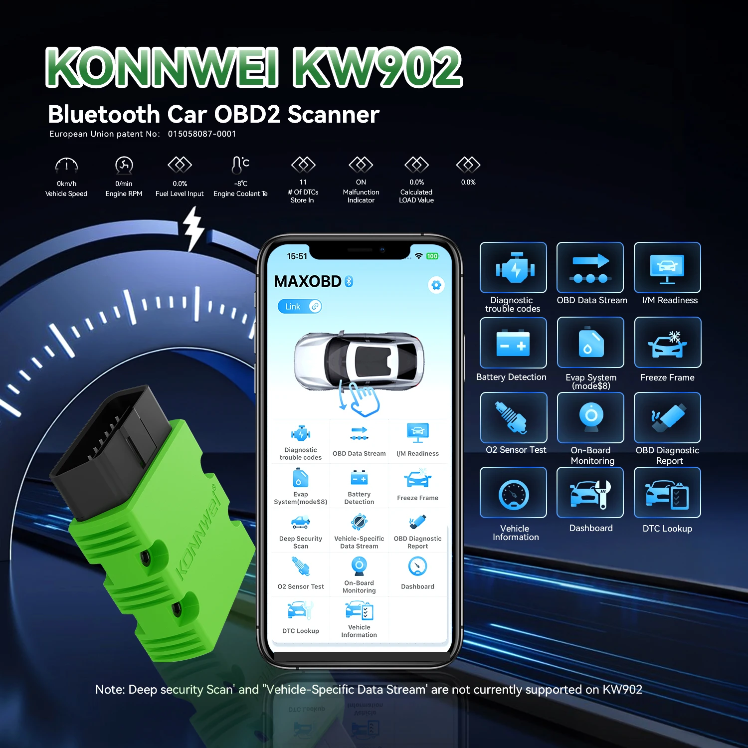 Konnwei 12v ferramenta de diagnóstico obd do carro com conexão bluetooth maxobd código de falha do motor folga quadro de congelamento carro obd2 ferramenta de verificação