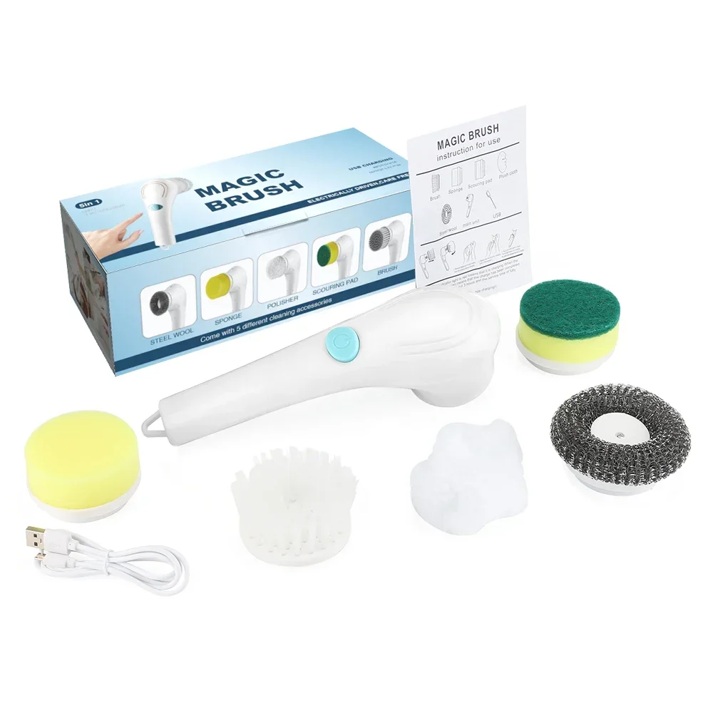 แปรงทําความสะอาดไฟฟ้าในครัวเรือนไร้สาย 5-in-1Multifunction USB ชาร์จห้องน้ําเครื่องมือทําความสะอาดห้องครัวอุปกรณ์แปรงล้าง