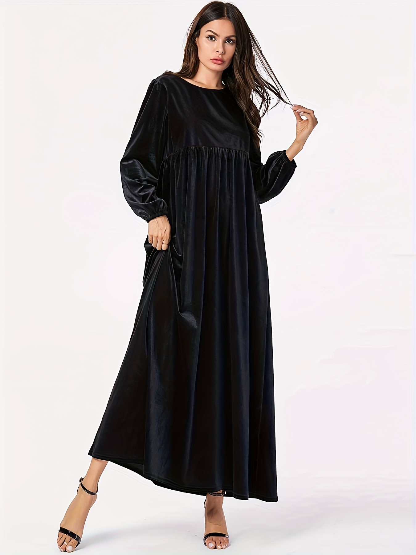 Plus Size Damen Herbst und Winter neues einfarbiges, schlankes, langärmliges Swing-A-Linien-Rockkleid aus Samt