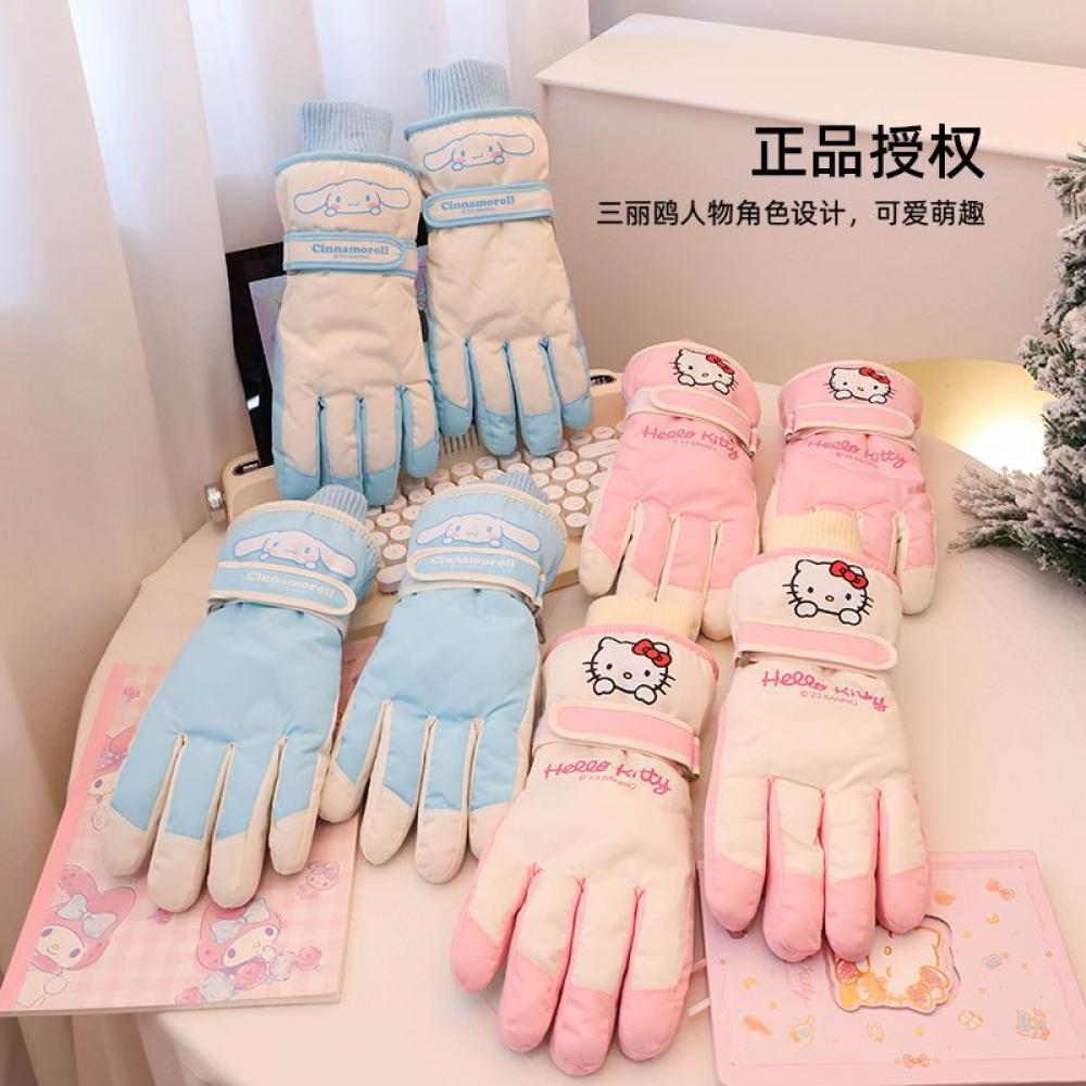 Sanrioed Kawaii Hello Kitty Warme Plüsch-Touchscreen-Skihandschuhe Anime Cinnamoroll Weiche Handschuhe Winter Outdoor Winddicht Mädchen Geschenk