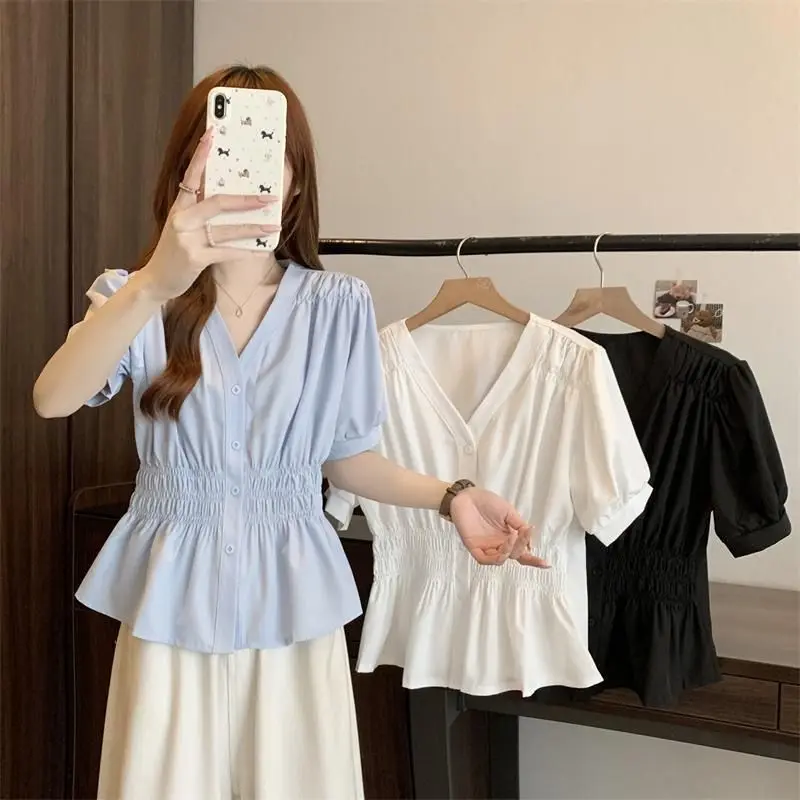 Cintura elástica cinching e emagrecimento camisa de verão, topo de cor sólida de manga curta feminina, novo topo minimalista com decote em v estilo francês