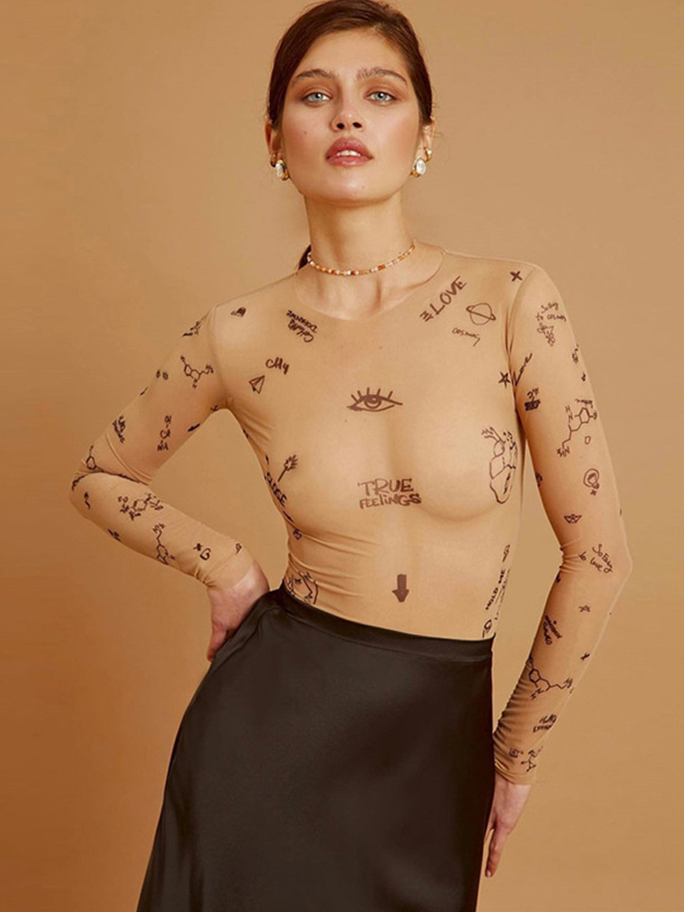 Sexy strakke een stuk Top Vrouwen Lange Mouwen Body O-hals Basic Party Wear Print Zomer Wilde Slanke bodysuits