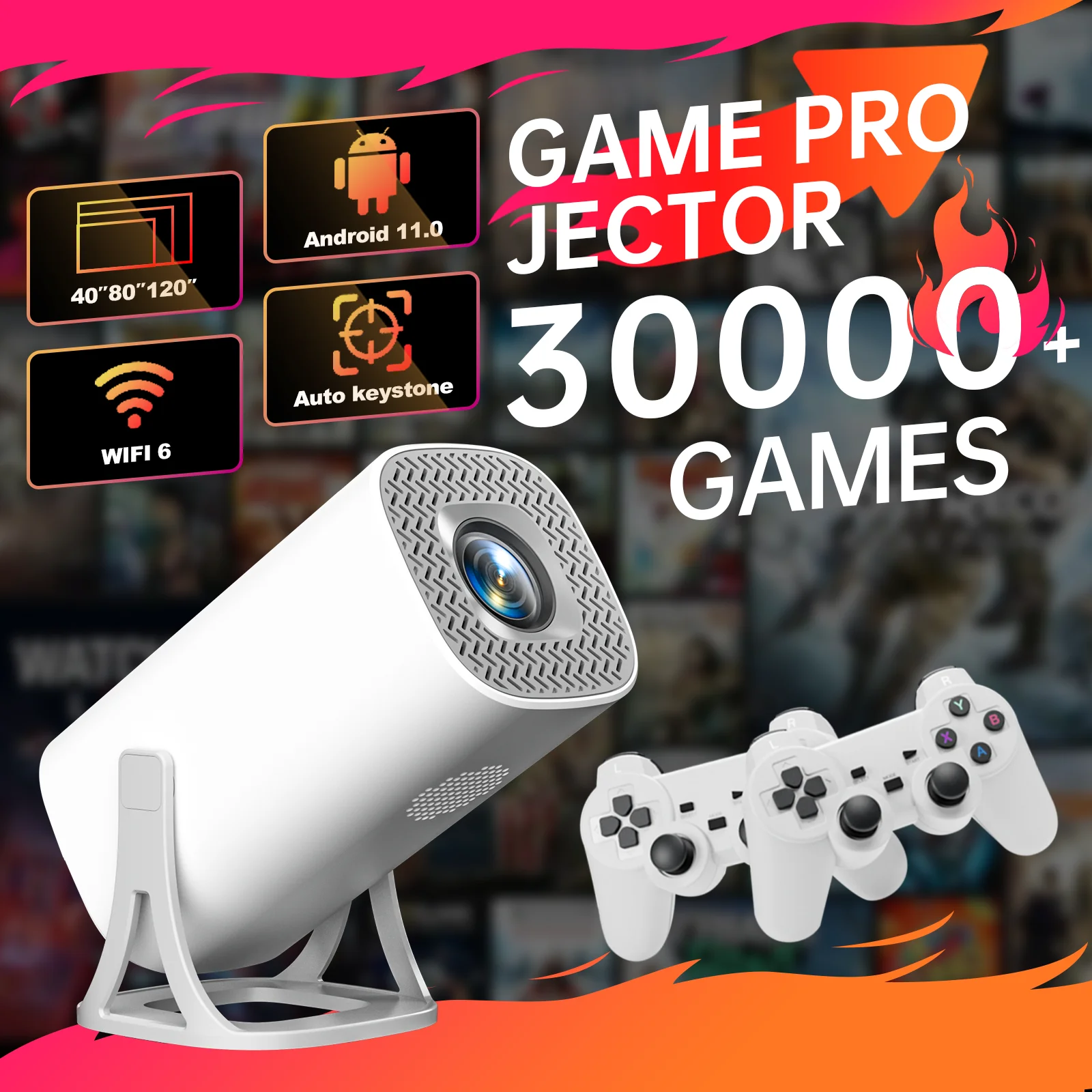 Hongtop android 11 projetor de jogos 64gb cartão tf controlador de jogos sem fio duplo wifi 1280*720p projetor portátil de cinema em casa