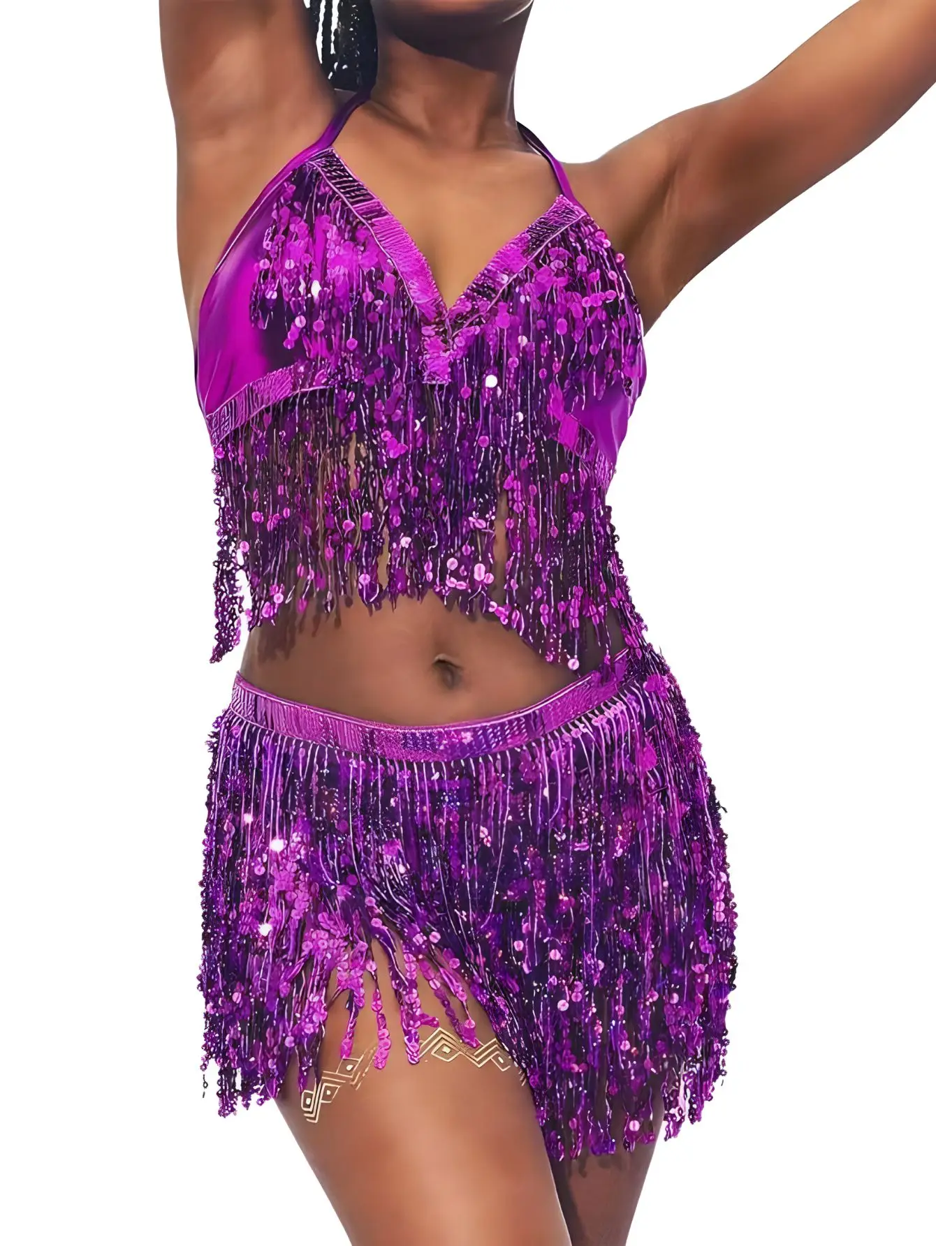 Buikdans Top Beha Riem Set Latin Pailletten Fringe Halter Hippe Rok Sexy Feestkostuum 4-laags Kwastje Stage Performance Doek Slijtage