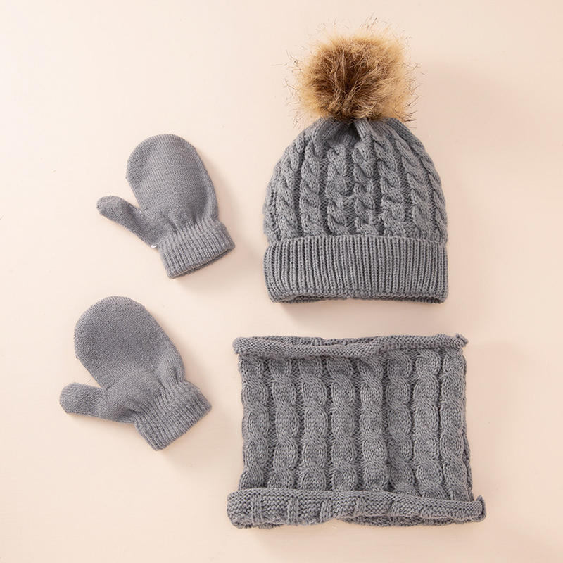 Children's Hat Scarf Gloves Suit Wool Monochrome Fried Dough Twists Warm Three Piece Children's Hat Scarf Gloves Suit