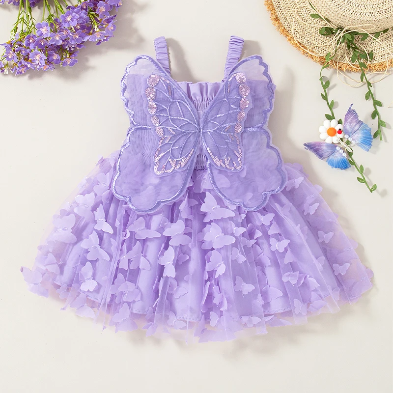ชุดเด็กผู้หญิงฤดูร้อนรูปแบบผีเสื้อสีทึบ Halter Puffy ชุดเด็กผู้หญิงน่ารักเสื้อผ้าเด็กผู้หญิง