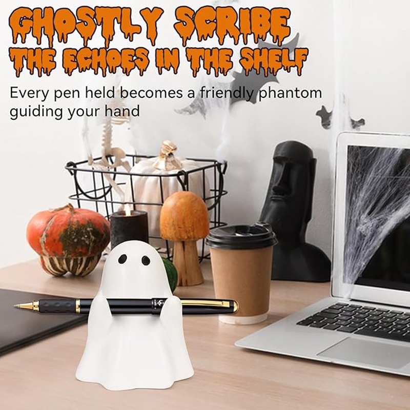 Cute Halloween Ghost Pen Holder Little Ghost Statue Design Pencil Support for Home Office Desktop Decoration