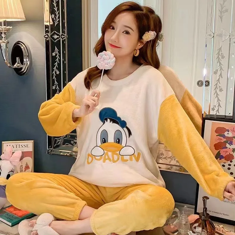 Pijamas de Pato Donald, pijamas de franela gruesos de invierno, conjunto de ropa para el hogar cómoda y cálida informal suave con dibujos animados