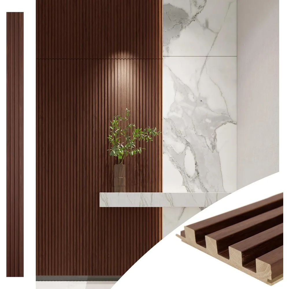 Slat Wood Wall Paneling for Interior and Ceiling Decoration - Pack of 4pcs + 1pc End-Trim, Size 108 x 5.7in.- Walnut