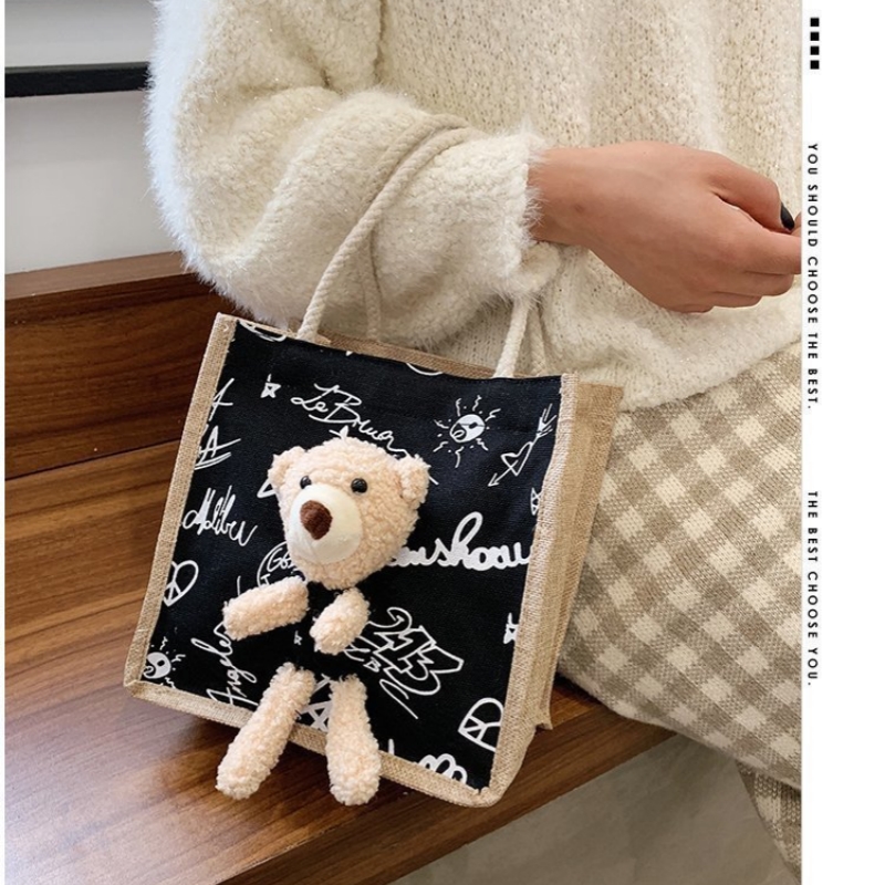 Mädchen einfache süße Bär Handtasche Damen Mode Pendler Canvas Tasche kubische Bär Dekoration Canvas Material