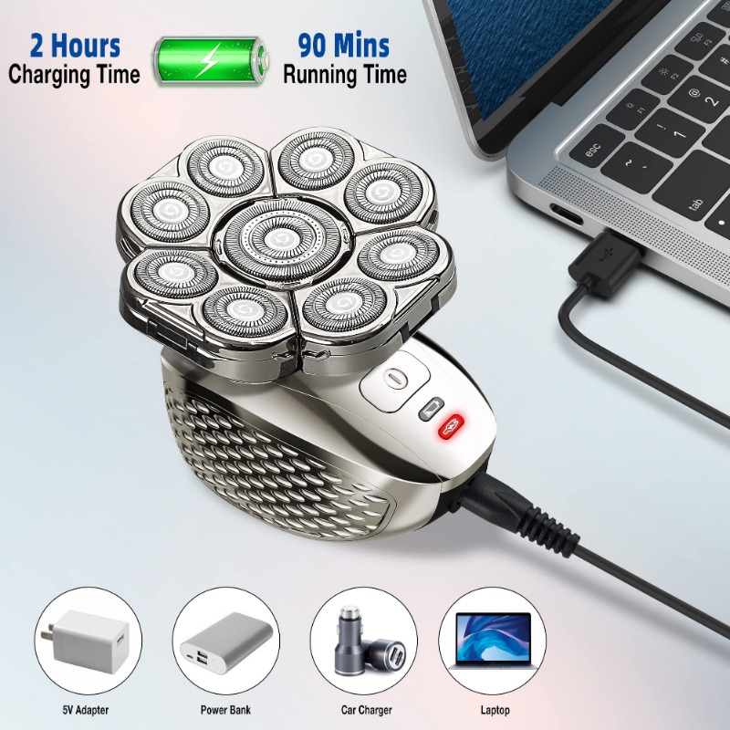 Rasoirs à tête 4D pour hommes chauve, 9 têtes flottantes améliorées 6 en 1, rechargeables, étanches, humides et secs, pour hommes