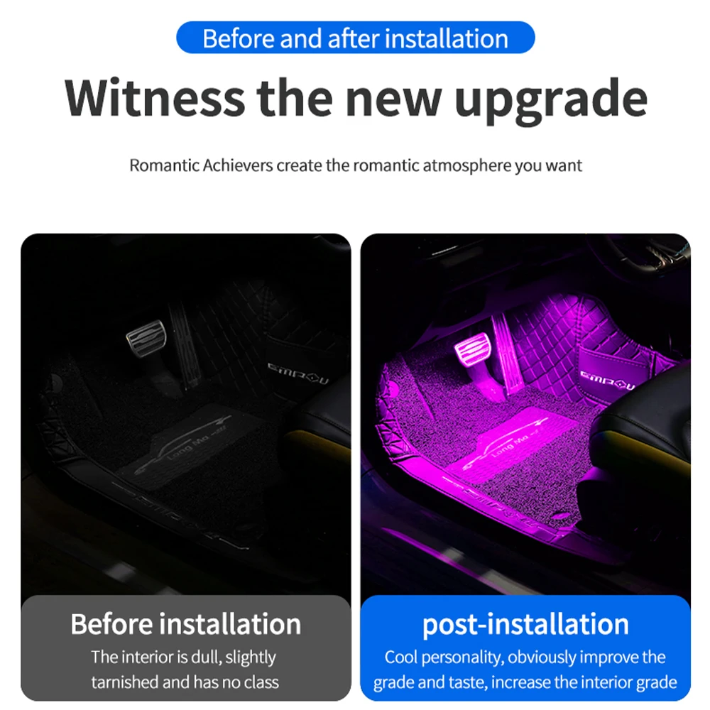 Ambiente do carro luzes decorativas lâmpadas de ambiente interior automático com controle app atmosfera do carro led pé luz usb mais leve