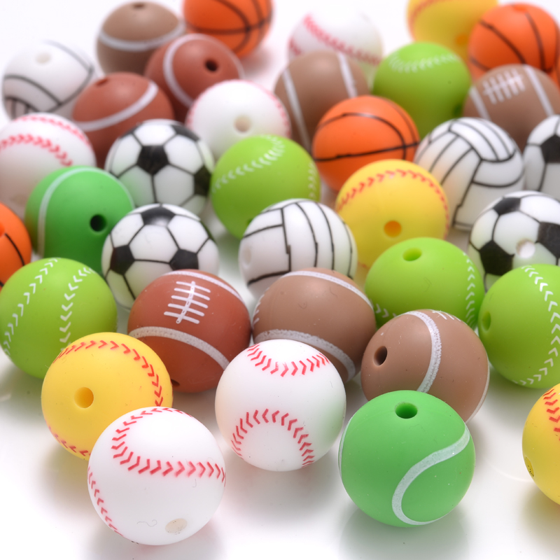 10 Uds. De cuentas de silicona impresas de 15mm, redondas, béisbol, tenis, baloncesto, cuentas de mordedor de calidad alimentaria para DIY, Clip de cadena para chupete de bebé