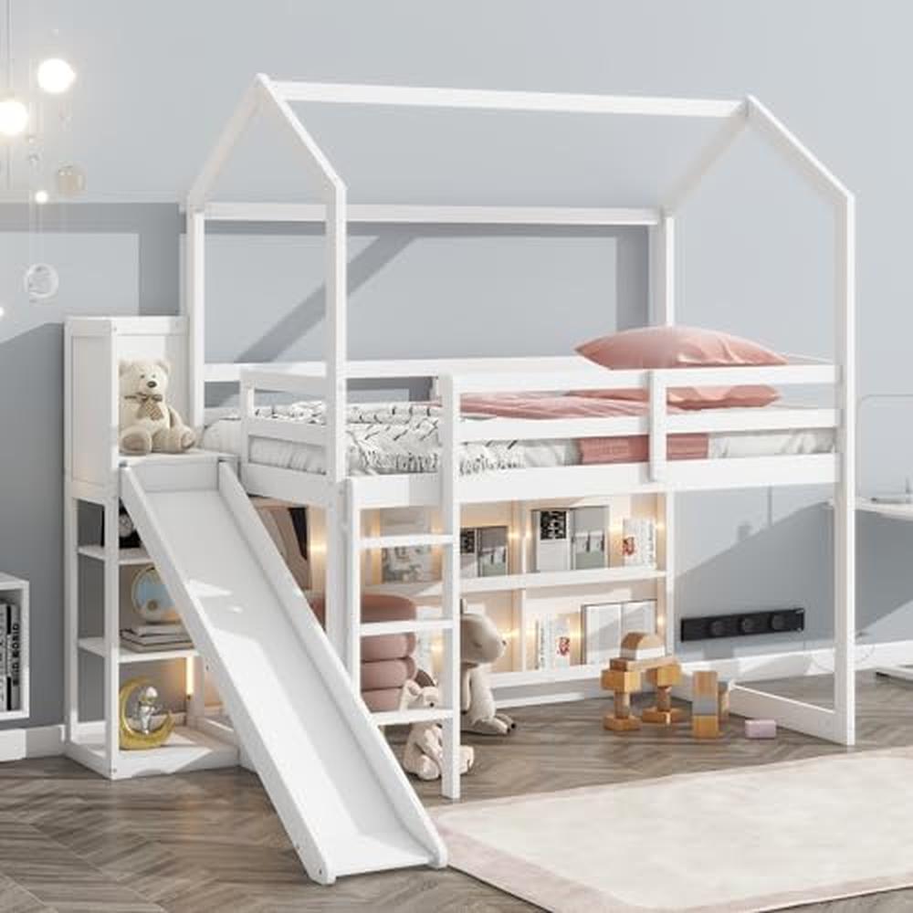 Kids Twin House Loft Bed with Slide Storage Shelves and LED Light Wood Low Loft Bed Guardrail Ladder Playhouse Creative Design