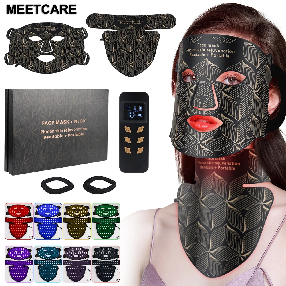 Mascarilla LED de 8 colores y luz roja para el cuello, terapia infrarroja cercana, antienvejecimiento, arrugas, acné, poros, Control de aceite, estiramiento de la piel, blanqueamiento