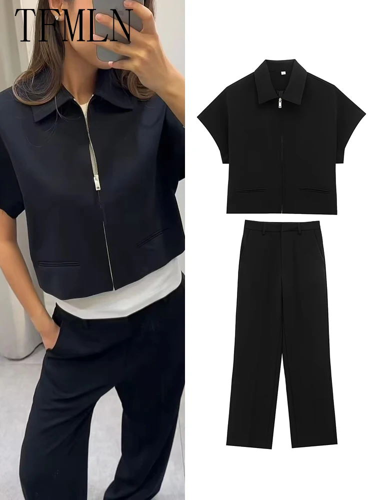TFMLN Mode-Set für Frauen, Sommer, 2022, neues schlankes Revers, Reißverschluss, kurze Ärmel, Mantel, Oberteil, weites Bein, Hose, zweiteiliges Set, Freizeit, Schwarz