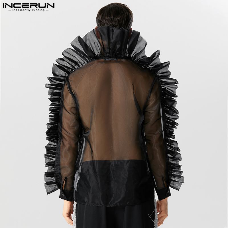 Casual Stilvolle Stil Tops INCERUN Herrenmode Sexy Plissee Mesh Shirts Hübscher Männlicher Patchwork Langarm Bluse S-5XL 2023