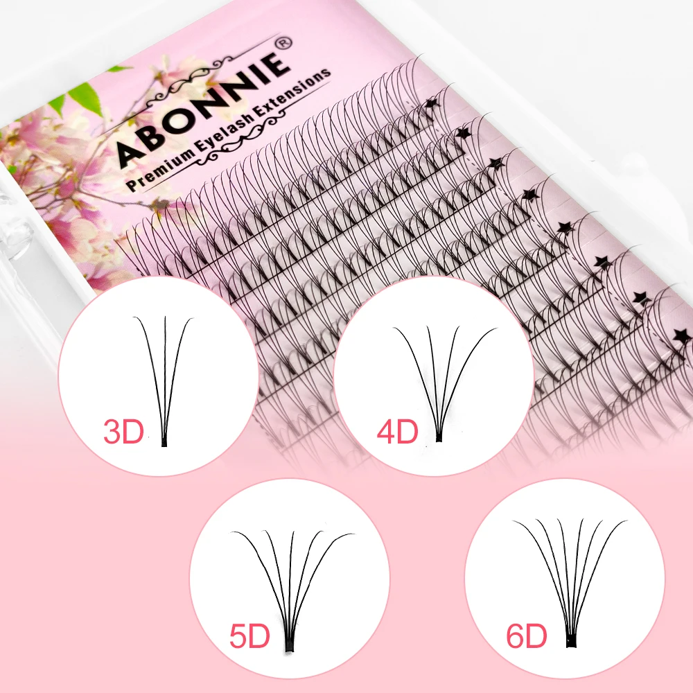 ABONNIE, ventiladores de volumen prefabricados, tallo corto 3d/4d/5d/6d, extensión de pestañas rusas, extensión de pestañas de visón, bandeja de pestañas de todos los tamaños
