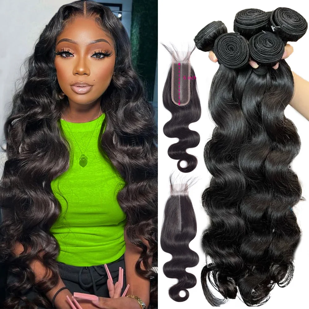 Onda do corpo pacotes com fechamento de cabelo humano com 2x6 fechamento do laço extensão do cabelo 3/4 pacotes com fechamento para as mulheres entrega em 3 dias