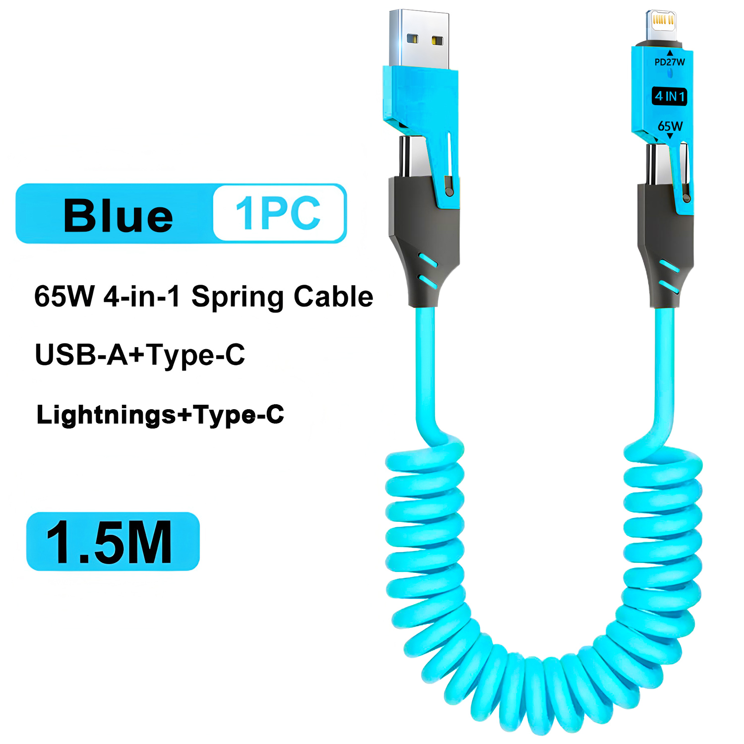 65W 4 in 1 Spring Short Data Cable 6A USB Type C Spring Telescopic Quick Charger Wire Spring USB Cable for iPhone iPad MacBook