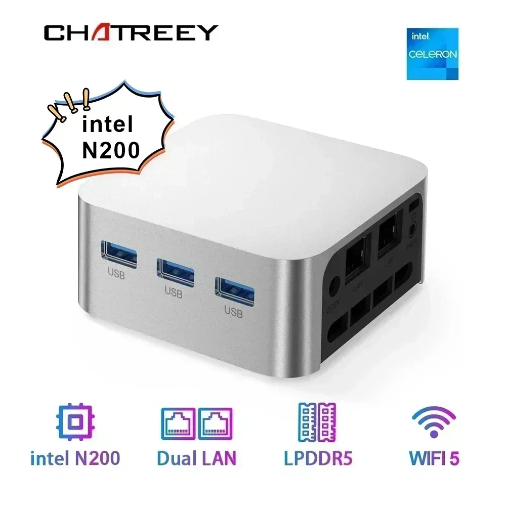 Мини-ПК Chatreey T8 Intel Celeron, четырехъядерный процессор N200/N100/N150, карманный компьютер 3xHD 2.0, 2xGigabit Ethernet, Windows 11, Wi-Fi5
