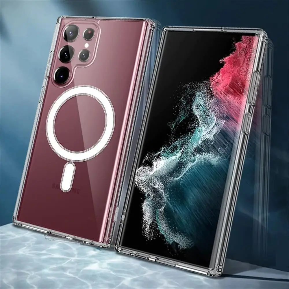 Transparente, klare, magnetische Hülle für Samsung Galaxy S24 S21 S25 S22 Plus S23 Ultra Plus, kabelloses Laden, stoßfeste Rückseite