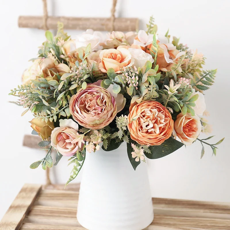 DociDaci -flores de rosas artificiales de seda blanca de otoño, ramo de alta calidad, arreglo Floral falso de lujo, decoración del hogar de boda