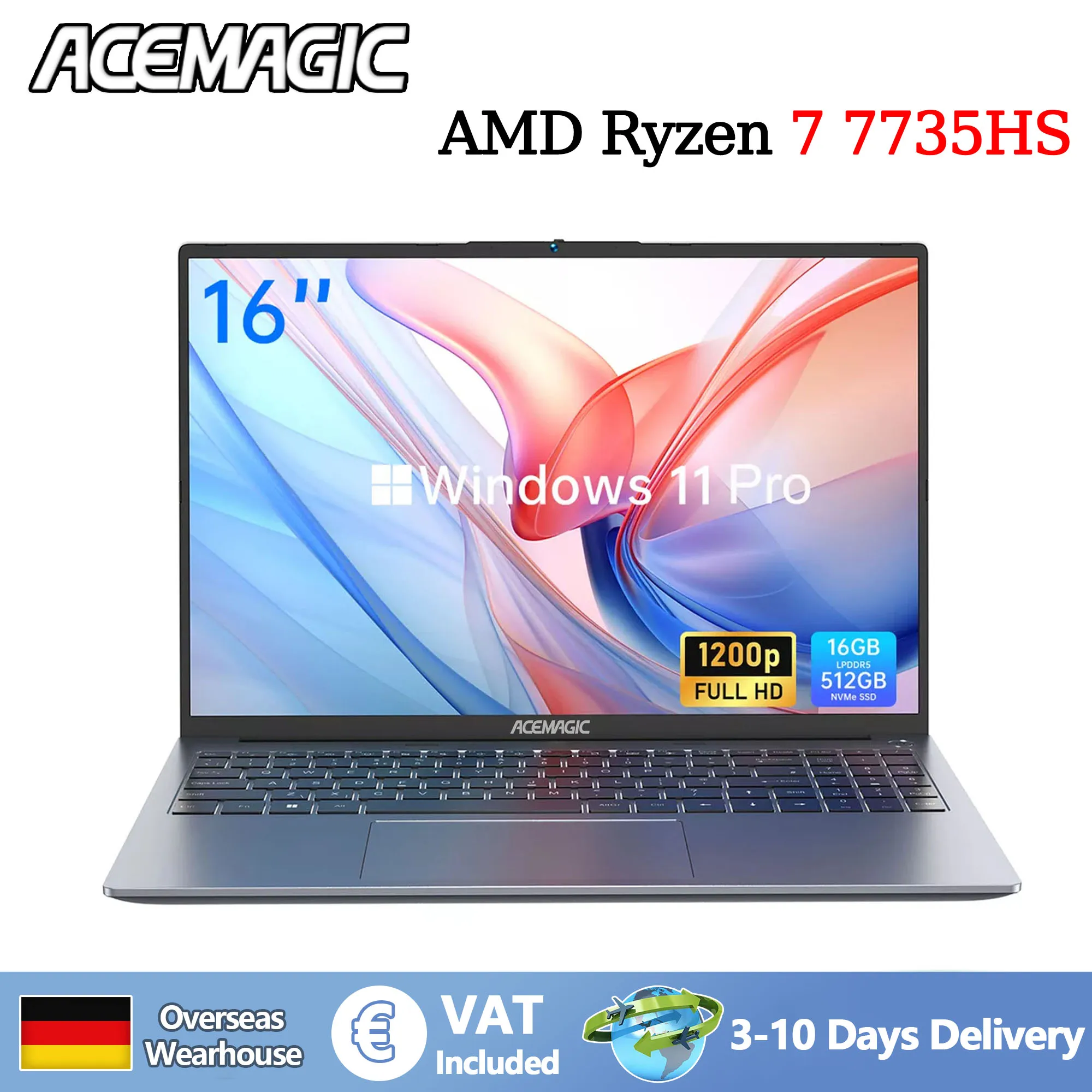 ACEMAGIC-laptop 16” FHD-gaminglaptop AMD Ryzen 7 7735HS 16GB RAM 512GB SSD Windows 11 Pro-notebook met achtergrondverlichting KB Wifi6 BT5.2