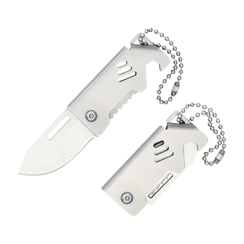 Mini cuchillo plegable, caja de acero inoxidable, cuchillo con apertura, cuchillo plegable afilado portátil para exteriores, cadena colgante para llaves