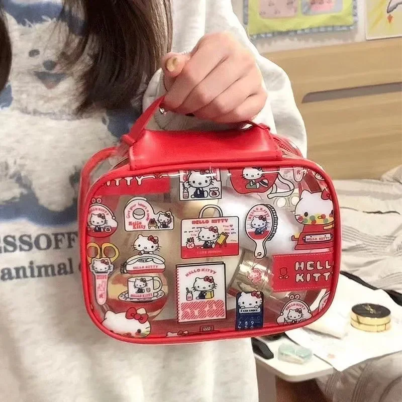 Nieuwe Hello Kittys PVC Transparante Make-up Tas Cartoon Draagbare Handheld Grote Capaciteit Waterdichte Huidverzorging Opbergtas Waszak