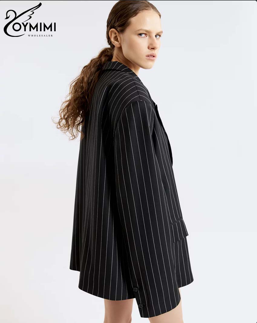 Oymimi-Conjunto elegante de dos piezas con estampado negro para mujer, Blazers de manga larga con un solo botón y pantalones cortos de cintura alta, conjunto femenino
