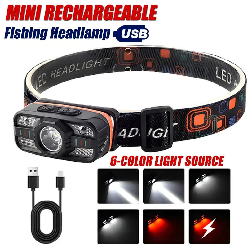 Linterna frontal LED recargable por USB, 6 modos de iluminación, luz portátil con batería integrada, linterna frontal de pesca, linterna para acampar al aire libre