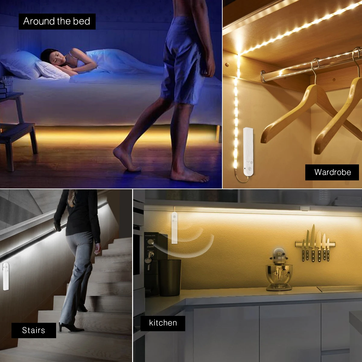 Nastro luminoso per armadio da cucina impermeabile Sensore di movimento a LED Striscia LED 5V Lampada LED PIR wireless Batteria Lampada per armadio per scale