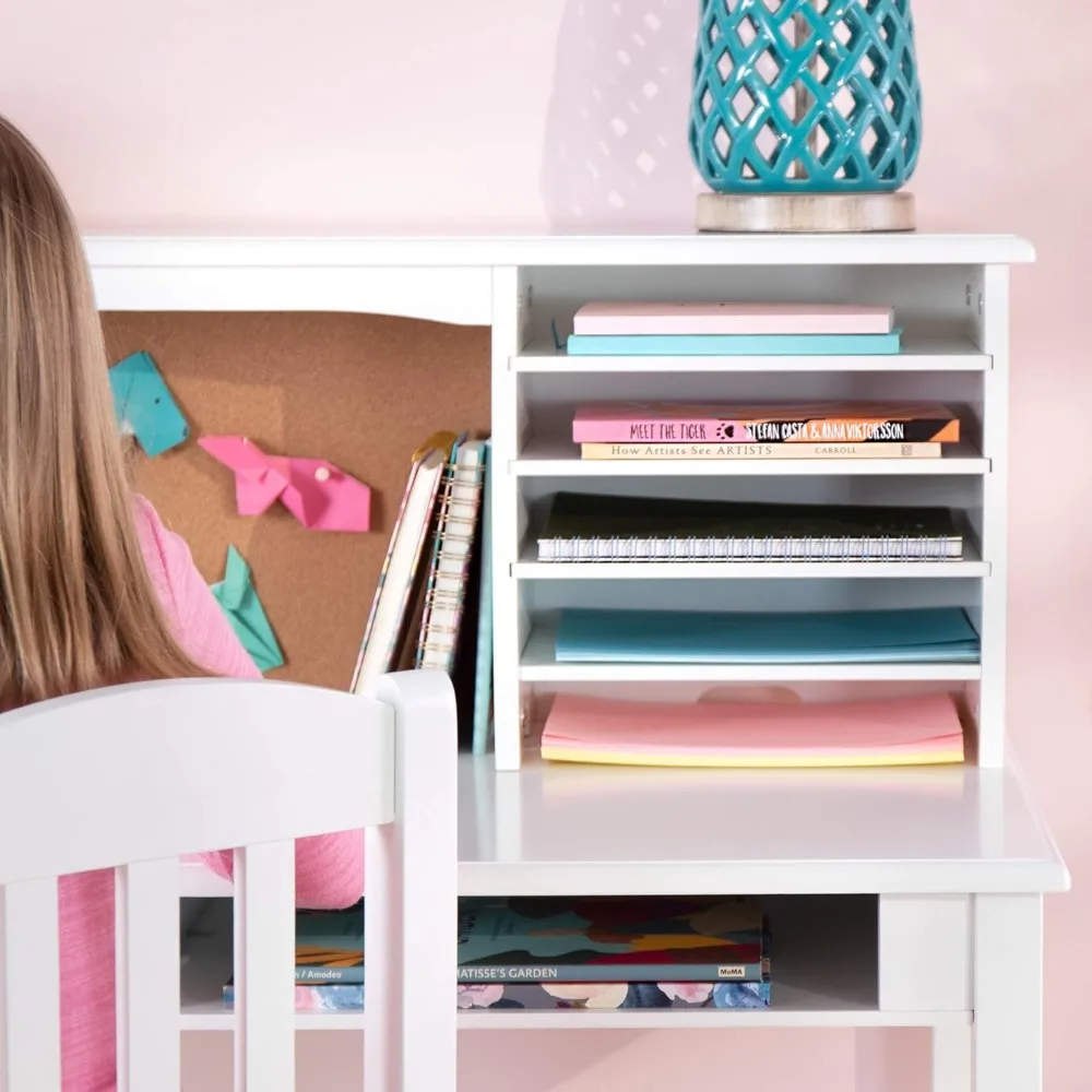 Kids Media Desk and Chair Set - White: Kids Writing Desk with Hutch and Storage Shelves, Computer Workstation with Corkboard
