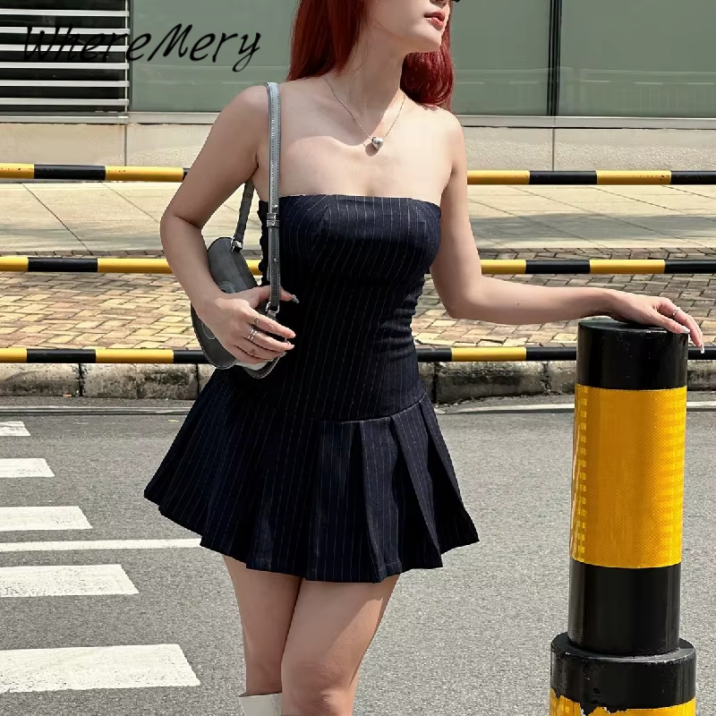 WhereMery Koreanische Frauen Mode A-line Kleid Y2K Ärmellose Slash-neck Plissee Streifen Kleider Frühling Sommer Elegante Dünne Vestidos