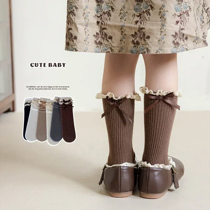 Princess Young Kids Sock for Girl Retro Lace Ruffle Bow Calf Sock for Children Spring Autumn Soft Cotton Pile School Sock