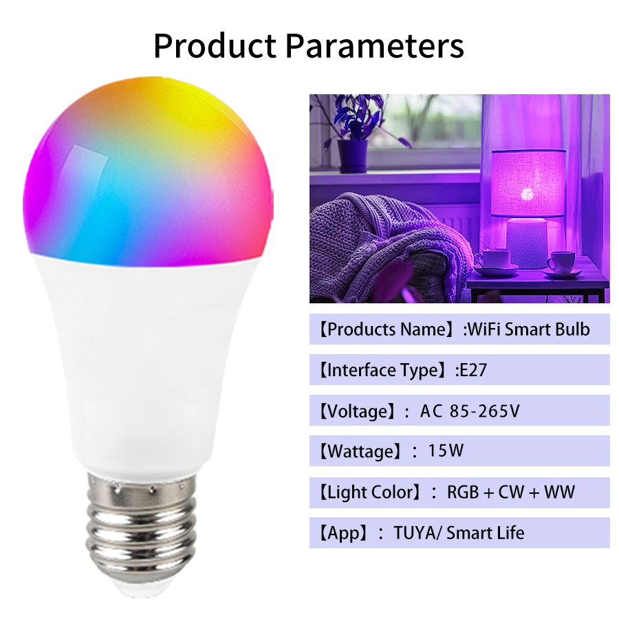 E27 E26 Wifi Smart Led Light Bulb with Remote Control 85-265V Tuya Smart Life Alexa Google Home SmartThings Alice 15W RGB Lamp