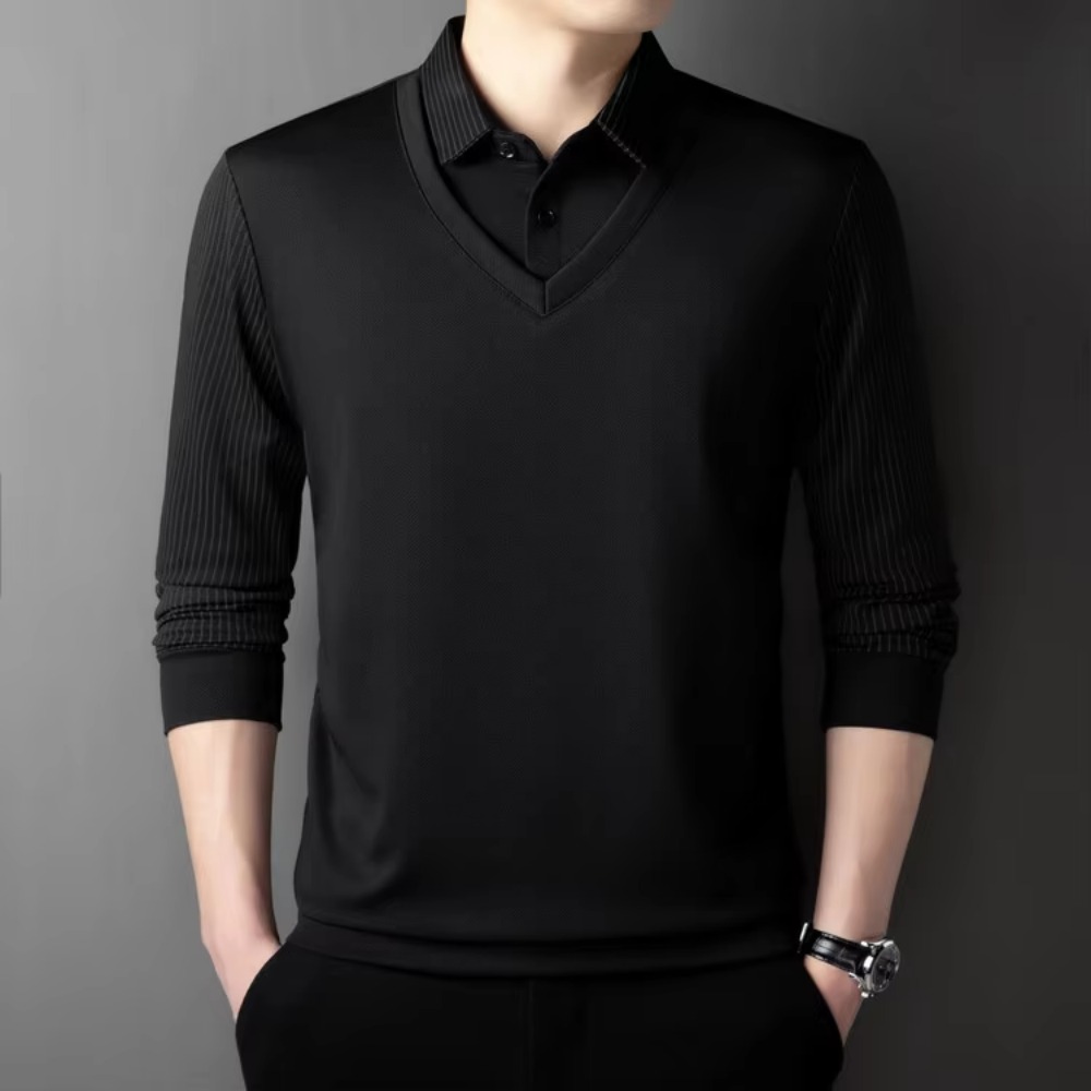 2025 Dos cuello falso para hombre, camiseta informal diaria, sudadera de manga larga, jersey, Tops, camiseta Polo con solapa