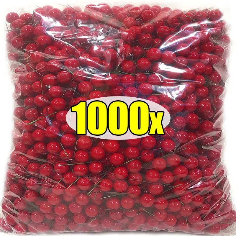 Mini bayas artificiales de 1000/50x, estambre de cereza de bayas falsas rojas para Navidad, adorno de corona Floral DIY, decoración del hogar para fiesta de año nuevo