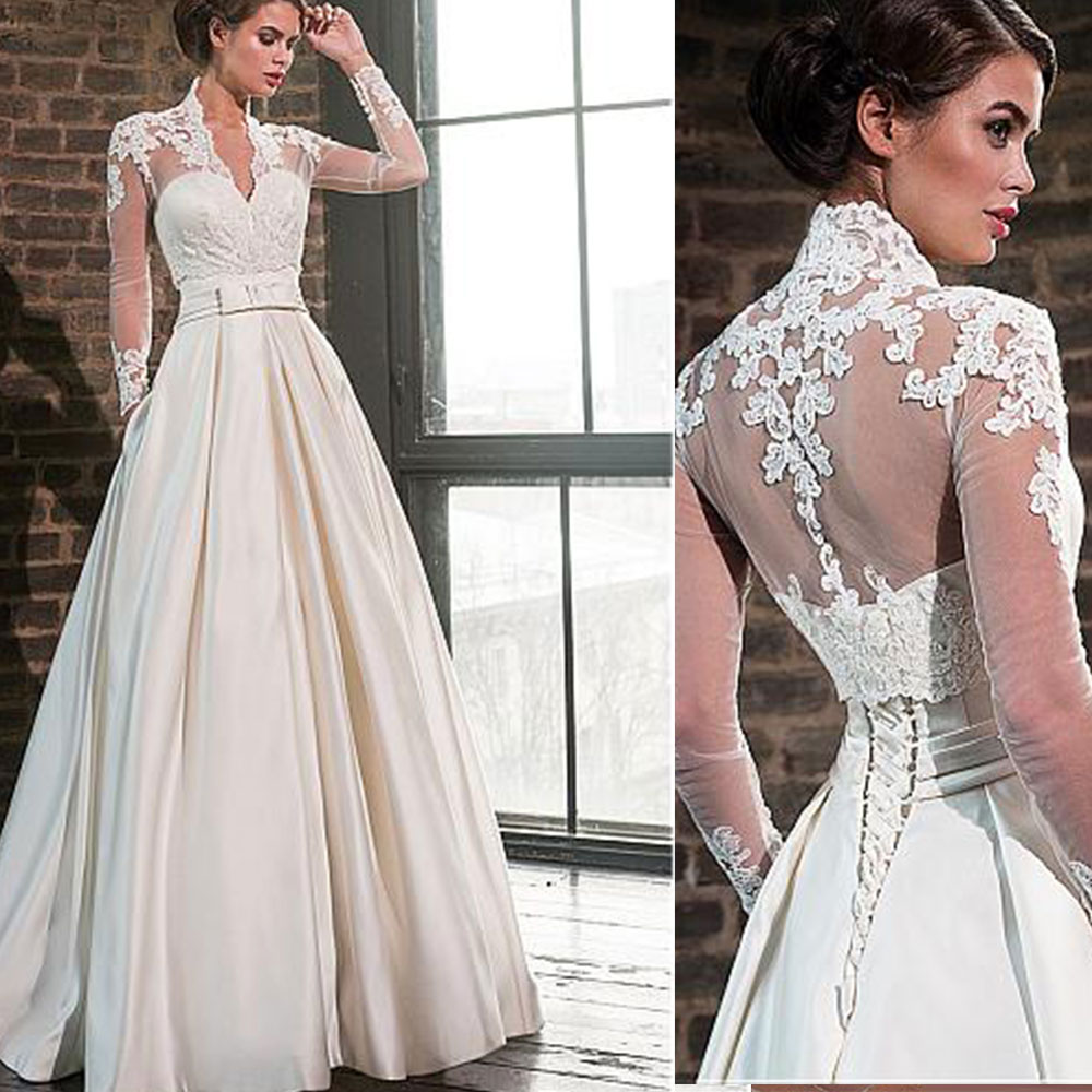 2 pièces chérie Satin robes de mariée avec col en V dentelle veste a-ligne à manches longues 2 en 1 princesse robes de mariée Robe de mariée
